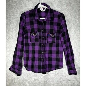Bongo Purple Plaid Button Up Shirt With Jewels on Pockets Y2K Women’s Size Large